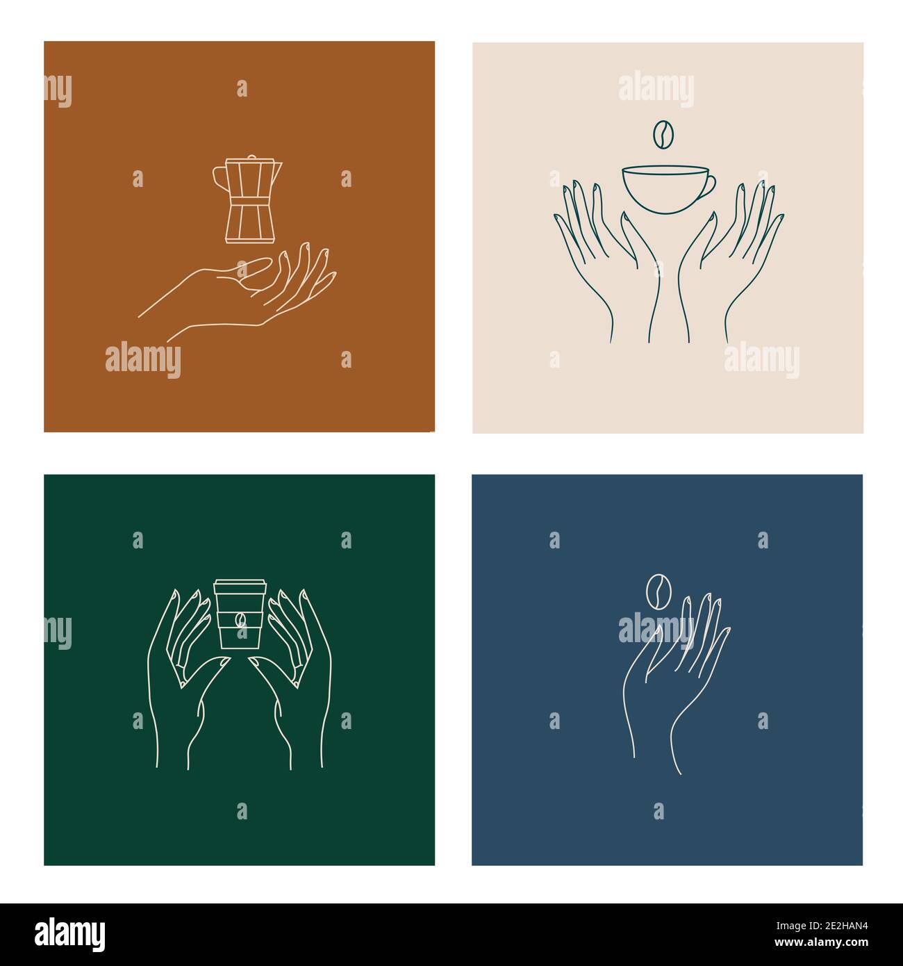 Hands with coffee cup, coffee pot and beans Logo templates set vector Stock Vector