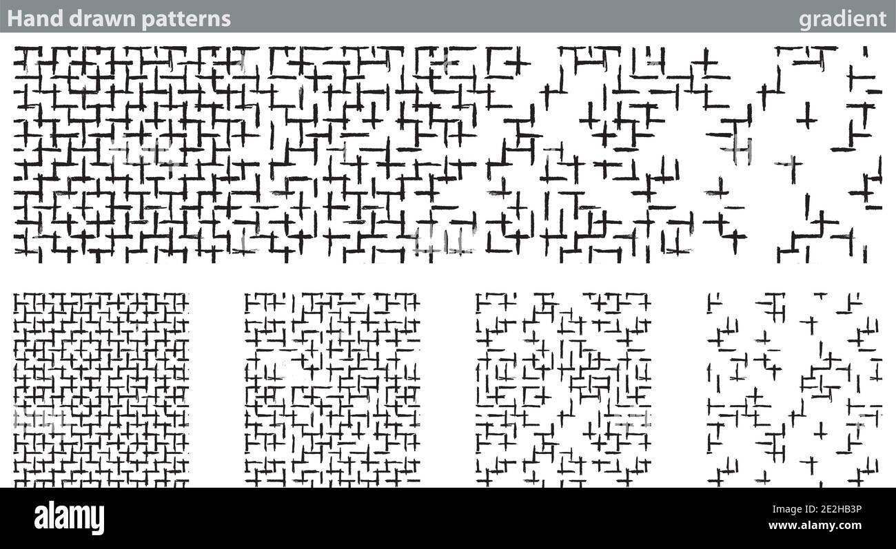 Four seamless patterns made with a cross-drawn texture drawn by hand. The patterns make a gradient from dark to light. Stock Vector