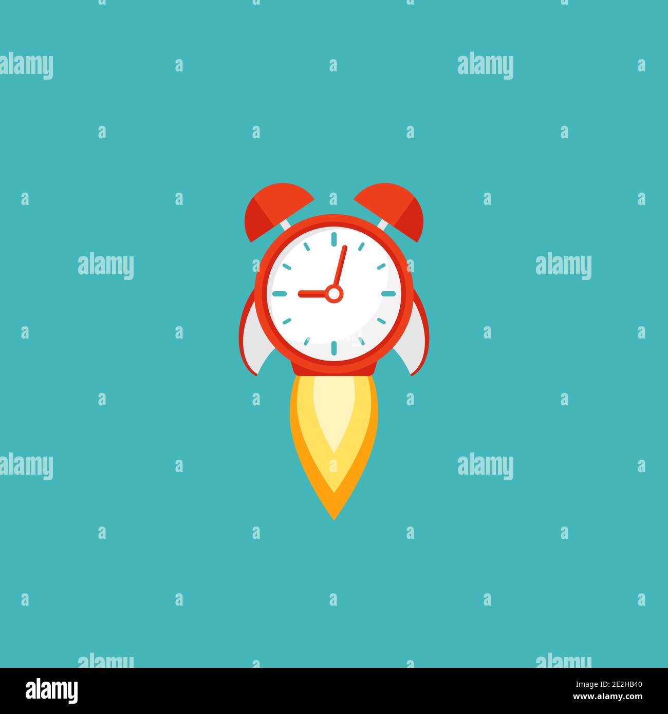 red alarm clock rocket ship with fire. time, watch, limited offer, deadline symbol. Vector illustration on blue. Time to work. Countdown shuttle Stock Vector