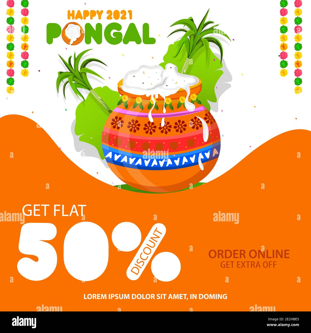 South Indian Festival Pongal Offer, Sale Background Template with 50% Discount Tags Stock Vector