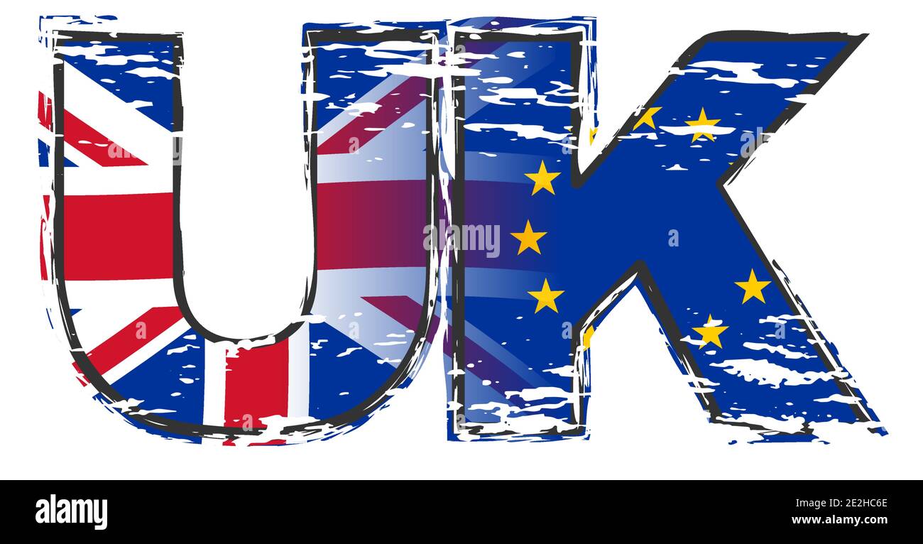 Letters UK with Union Jack and EU flag under it, distressed grunge look. Stock Vector