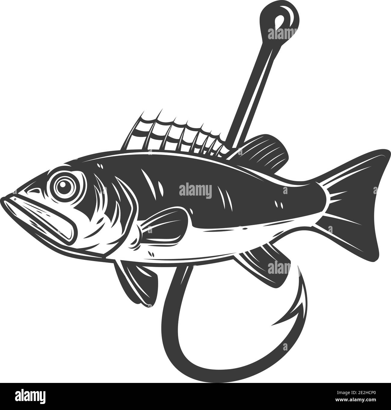Illustration of bass and fishing hook. Design element for poster,card, banner, sign, emblem. Vector illustration Stock Vector