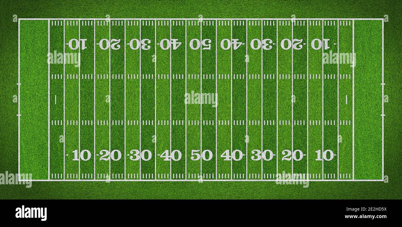 top view of standard yard size layout empty american football sport field with real green realistic grass and copy space. Team sports recreation compe Stock Photo