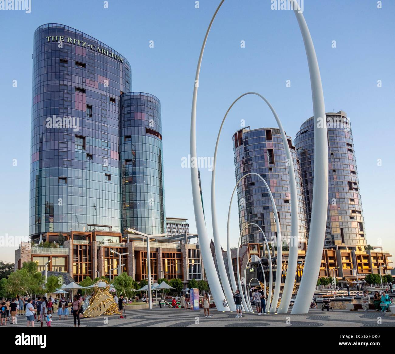 Ritz-Carlton Hotel and high rise residential towers and sculpture Spanda at Elizabeth Quay The Esplanade Perth Western Australia Stock Photo