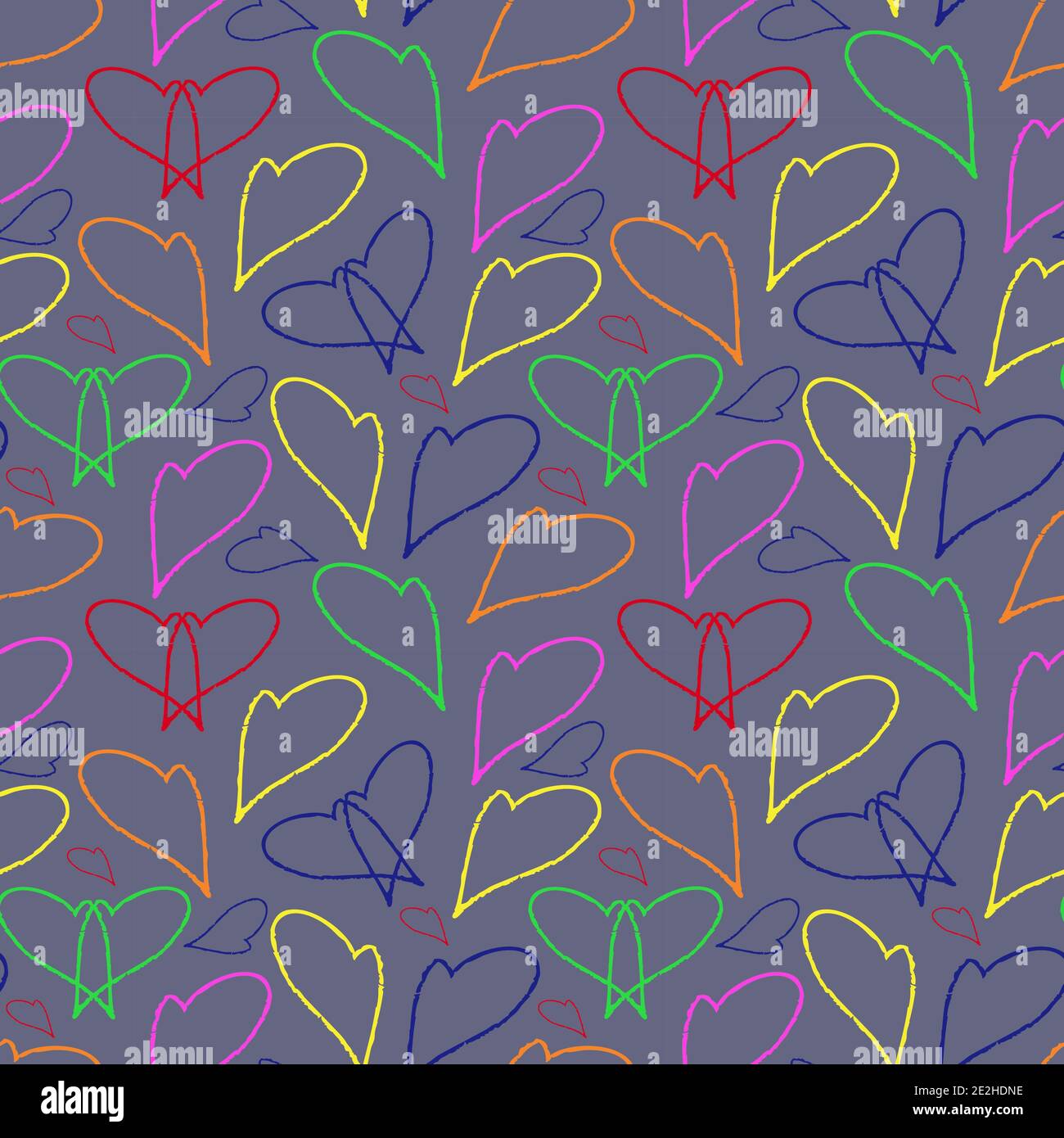 Multi colored chalk drawn hearts on blue background. Seamless pattern. Holyday background Stock Vector
