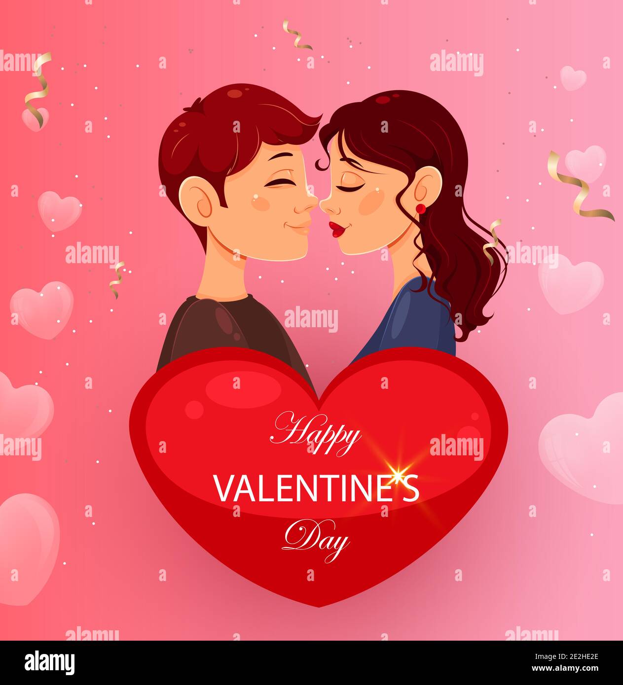 Happy Valentines day greeting card. Romantic couple standing behind red  heart. Stock vector illustration on pink background Stock Vector Image &  Art - Alamy