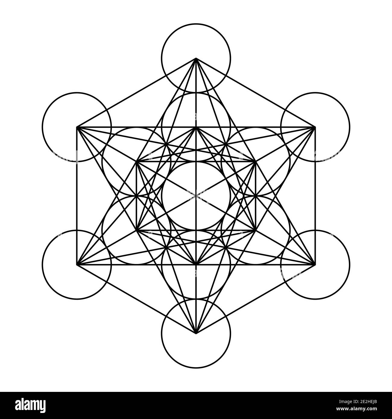 Metatrons Cube, a mystical symbol, derived from the Flower of Life. All thirteen circles are connected with straight lines. Sacred Geometry. Stock Photo