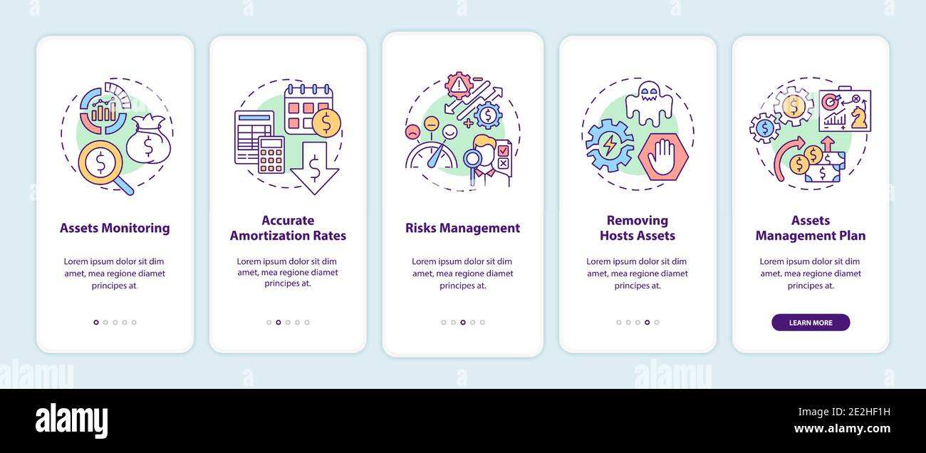 Asset management benefits onboarding mobile app page screen with ...