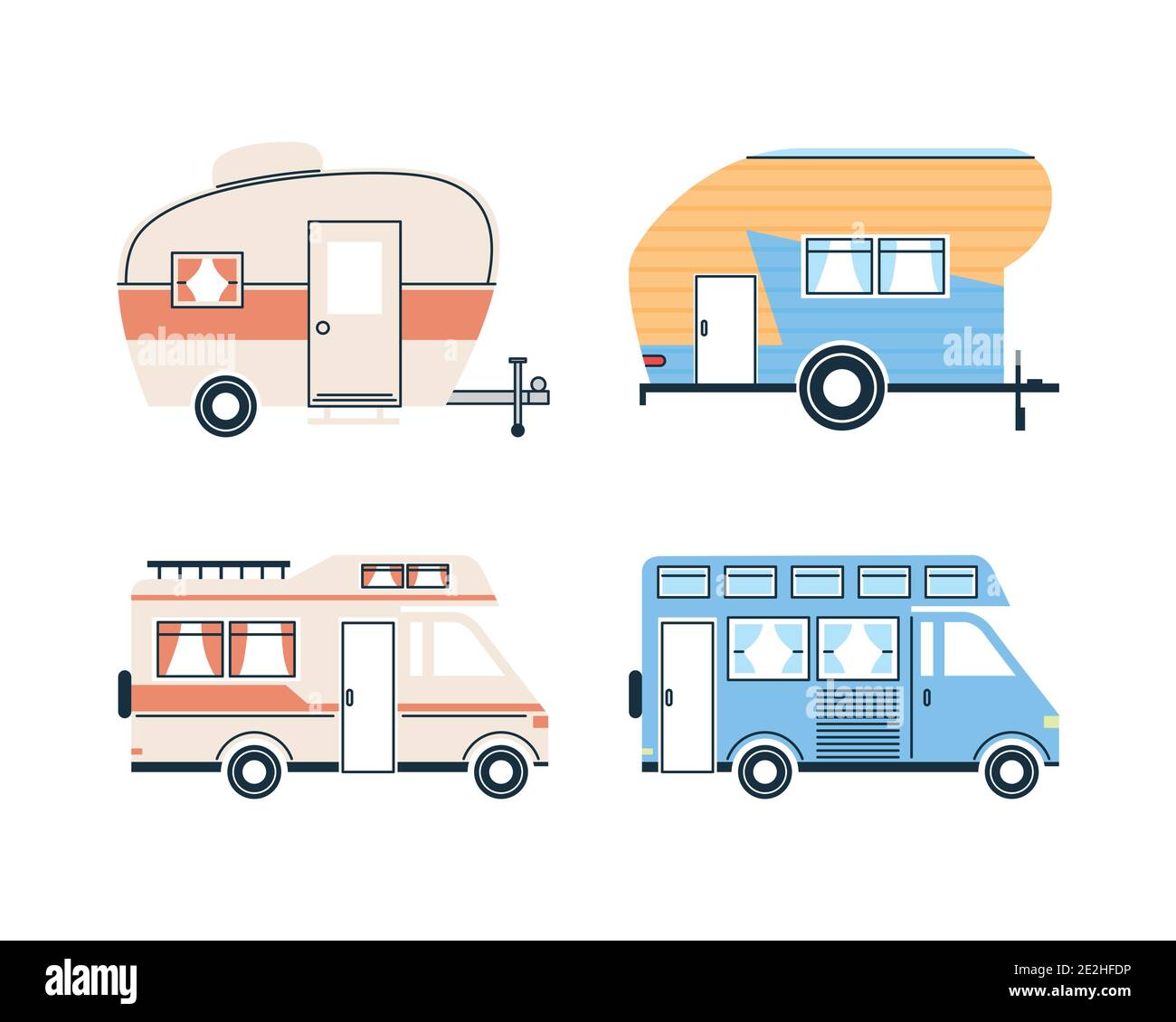 Camper trailers and vans icon collection design of caravan trip camp ...