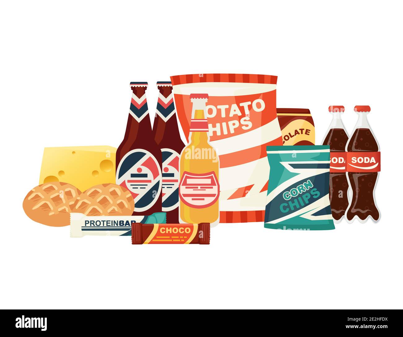 Soda beer potato chips and chocolate bar snack product set flat vector