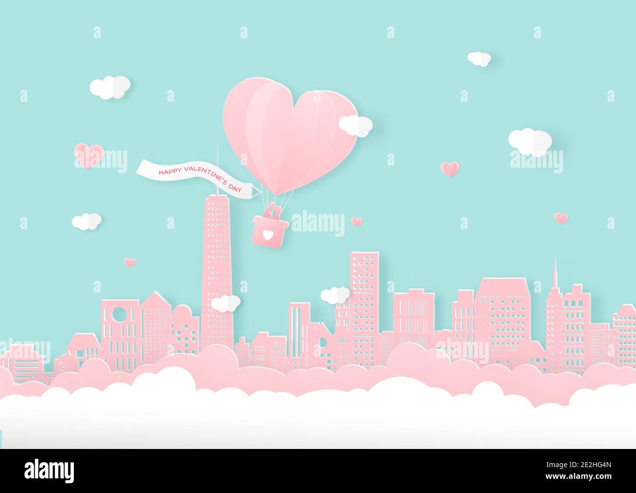 Happy Valentine day. Heart shape balloon with lover couple flying in ...