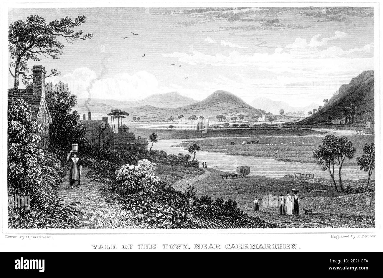 An engraving of the Vale of the Towy near Caermarthen scanned at high resolution from a book published in 1854. Believed copyright free. Stock Photo