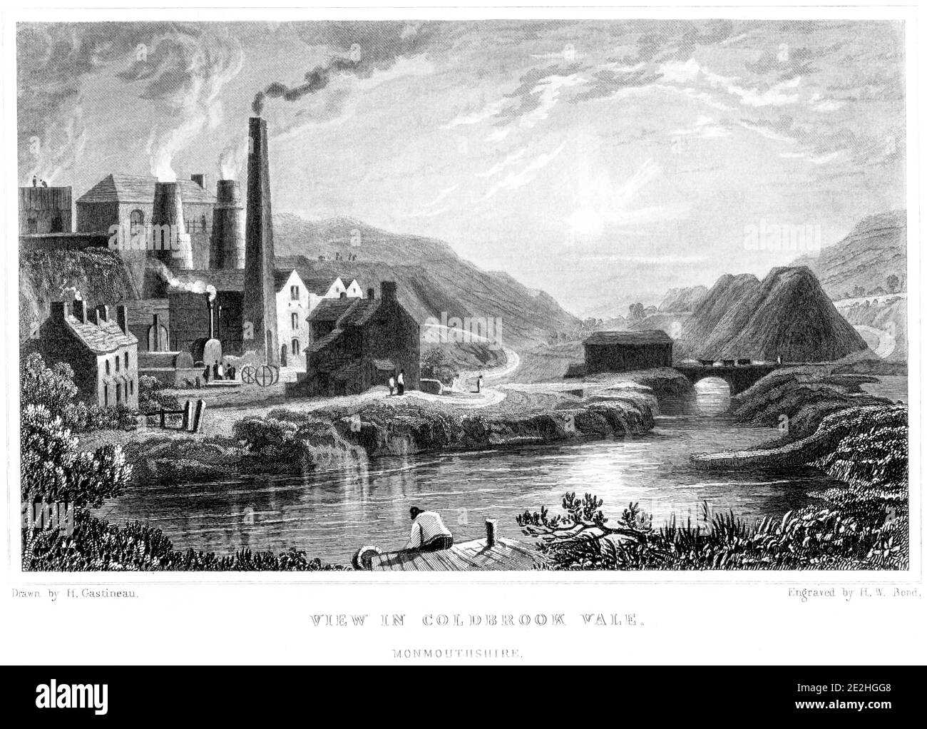 An engraving of a View in Coldbrook Vale, Monmouthshire scanned at high resolution from a book published in 1854. Believed copyright  free. Stock Photo