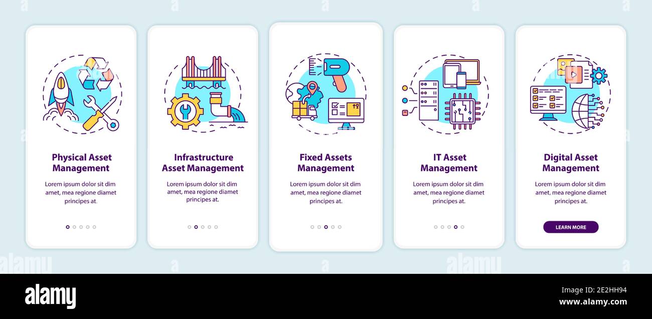 Asset management types onboarding mobile app page screen with concepts ...