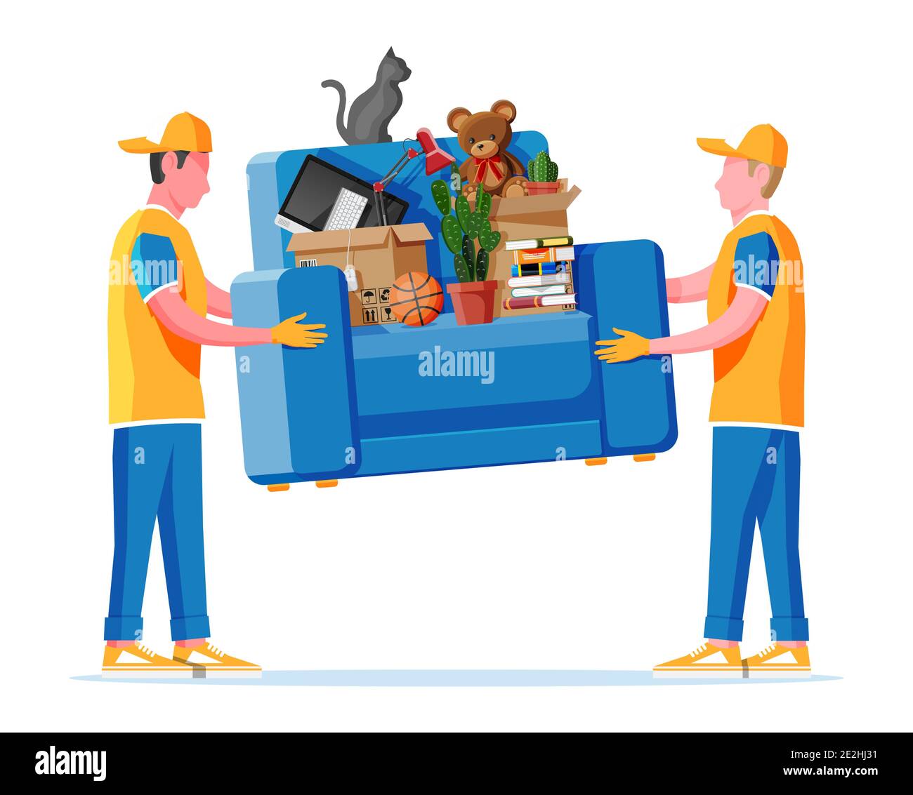 Delivery character man movers carry armchair with household items