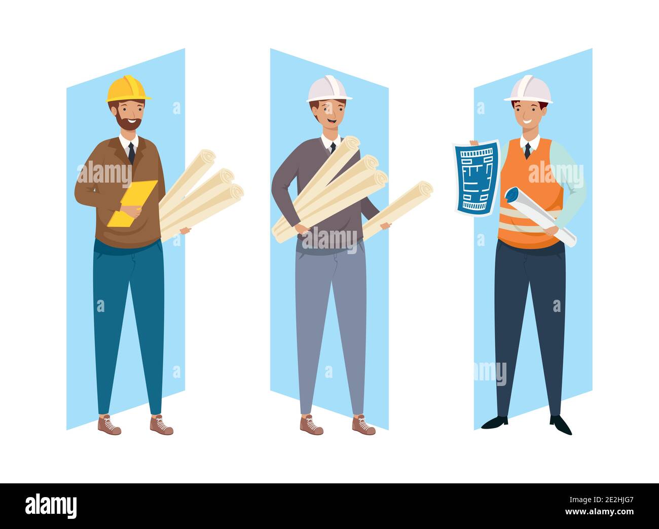 Architects and engineers men with helmets and plans design of