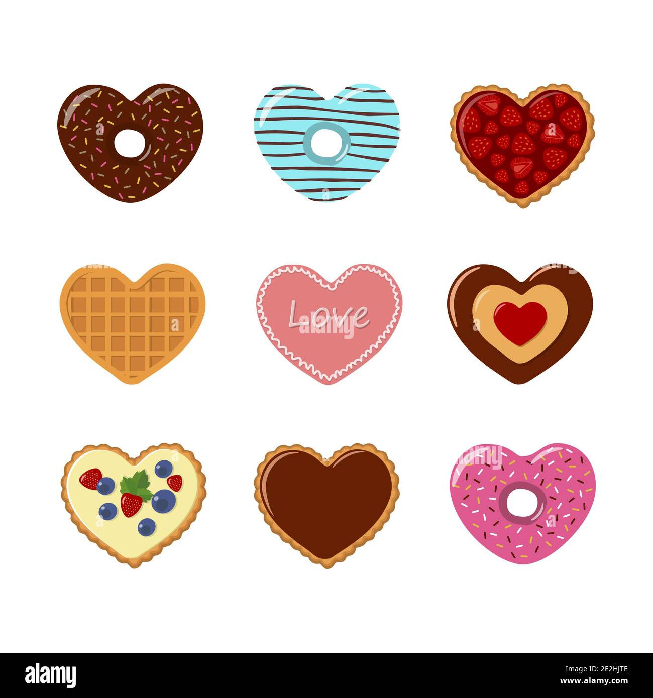 Valentines day. Set of cookies and waffles in heart shaped with strawberries and chocolate. Vector illustration Stock Vector