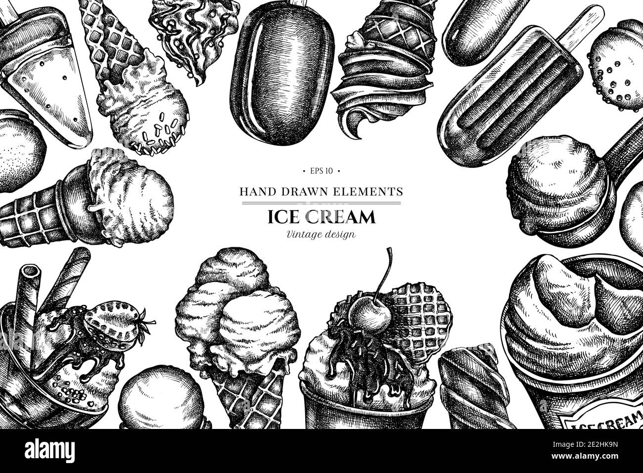 Design with black and white ice cream bowls, ice cream bucket, popsicle