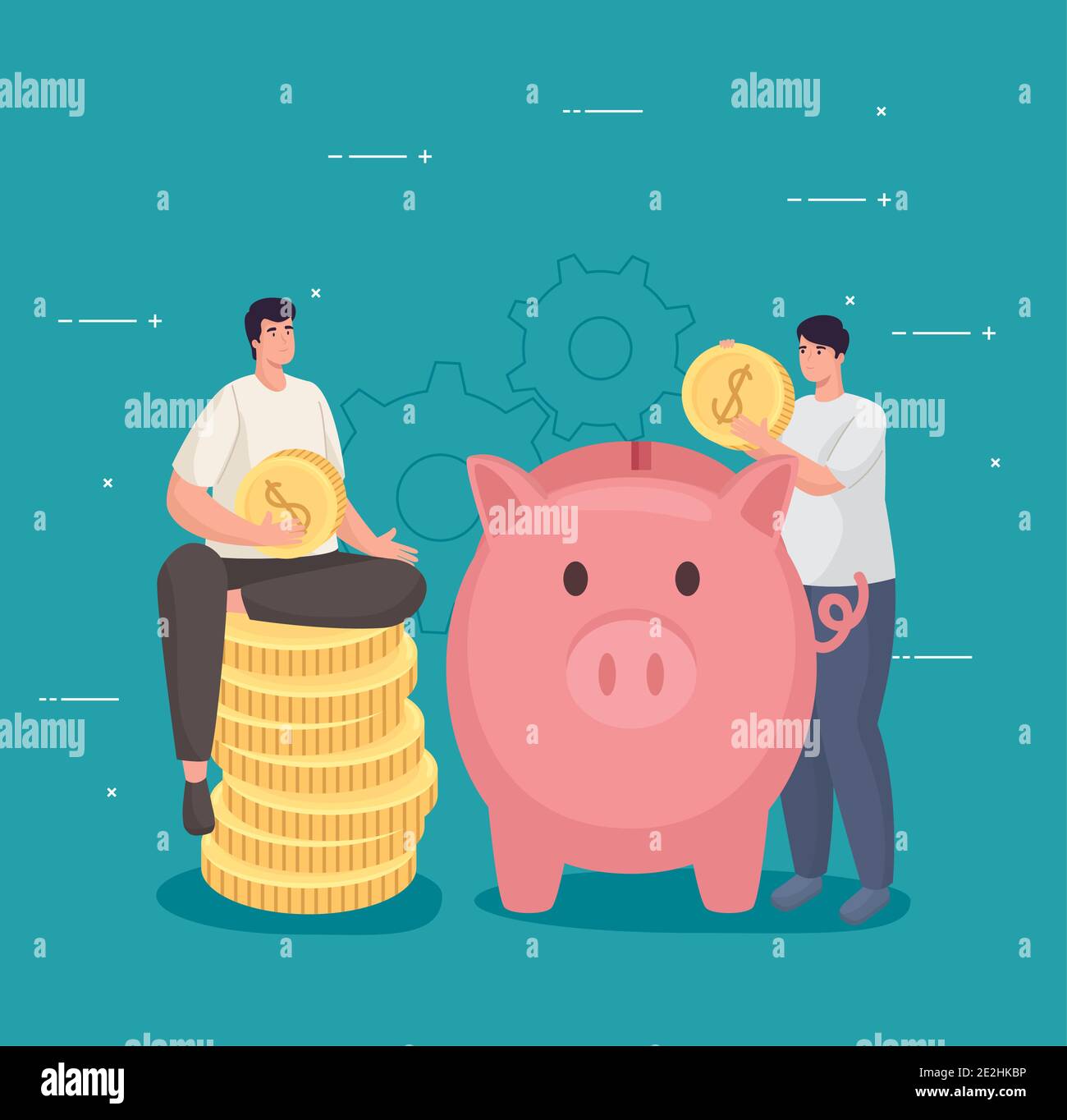 Save money of men holding coins with piggy vector design Stock Vector ...