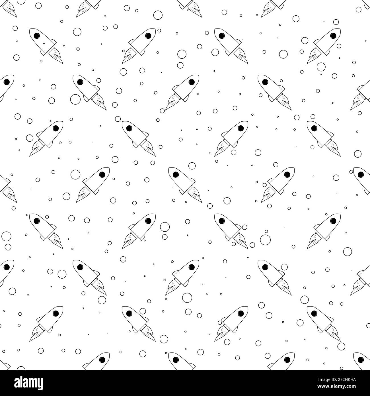 Seamless pattern with rockets and planets outline illustrations on white background Stock Vector