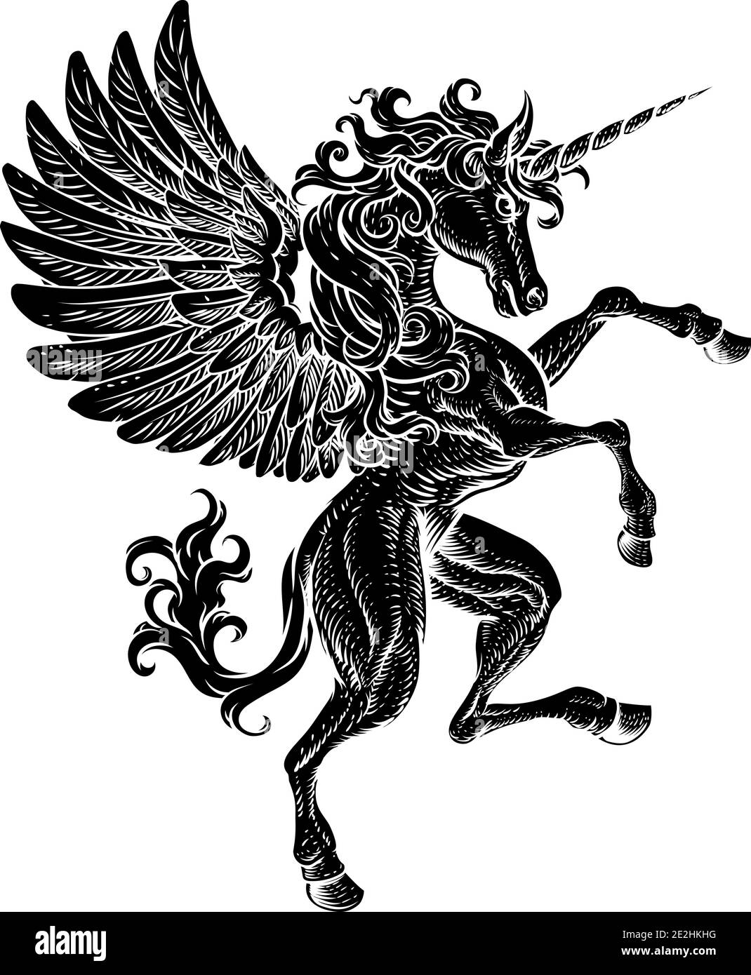 Pegasus Unicorn Rearing Rampant Crest Wings Horse Stock Vector