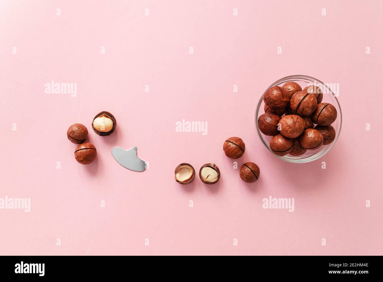 Raw macadamia nut scattered on a pink solid background with copy space. Minimal composition. Stock Photo