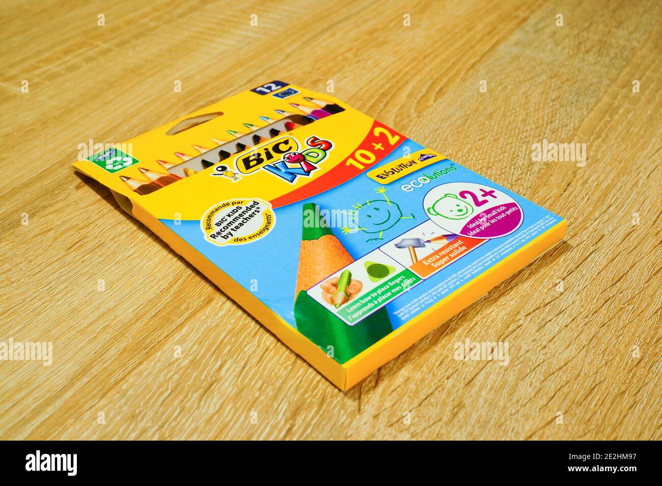 POZNAN, POLAND - Jan 13, 2021: Bic Kids drawing pencils in a box on wooden  table Stock Photo - Alamy