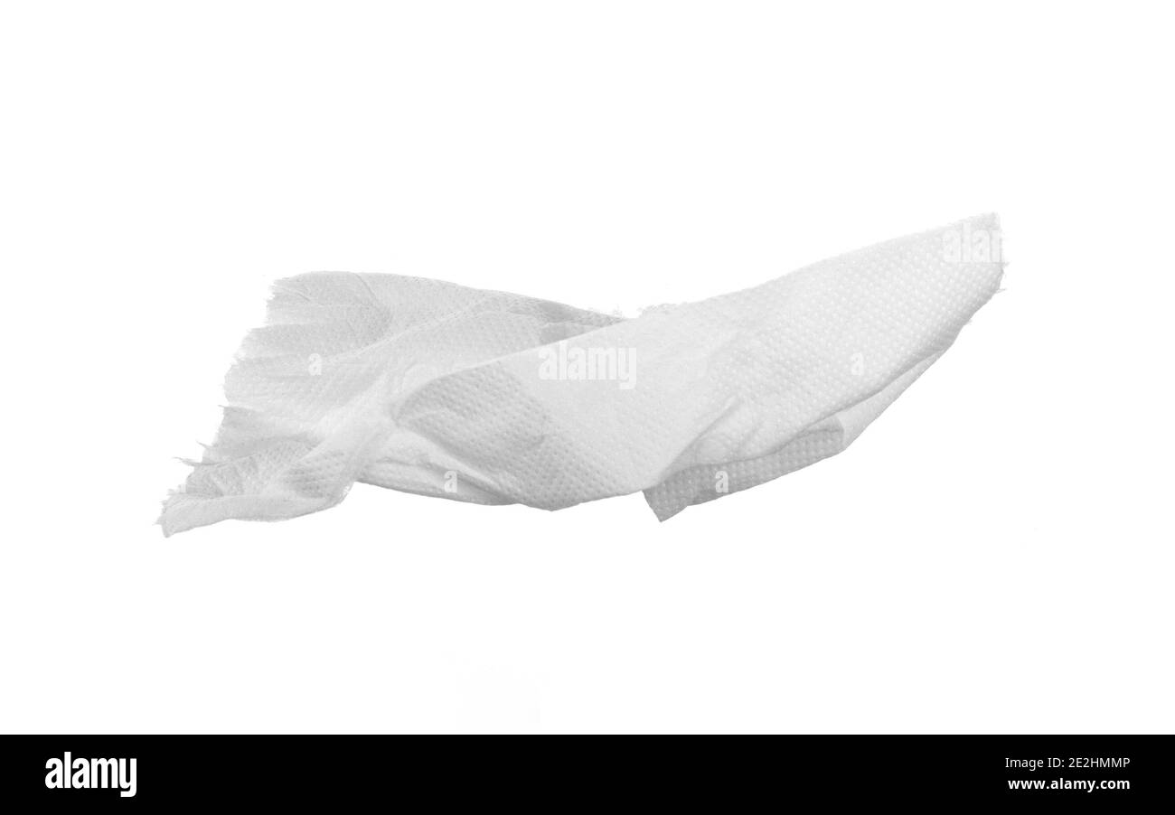 Used screwed paper tissue isolated on white background. Crumpled tissue