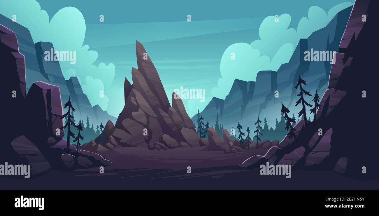 Mountain landscape with forest and lonely cliff. Vector cartoon illustration of canyon with rocks and pine trees. Nature scene with mountain ridge, woods and rock in gorge Stock Vector