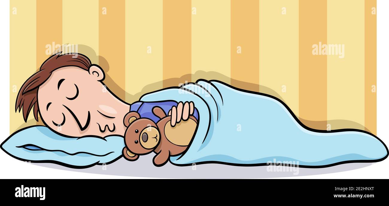Cartoon illustration of man sleeping in his bed with teddy bear Stock Vector