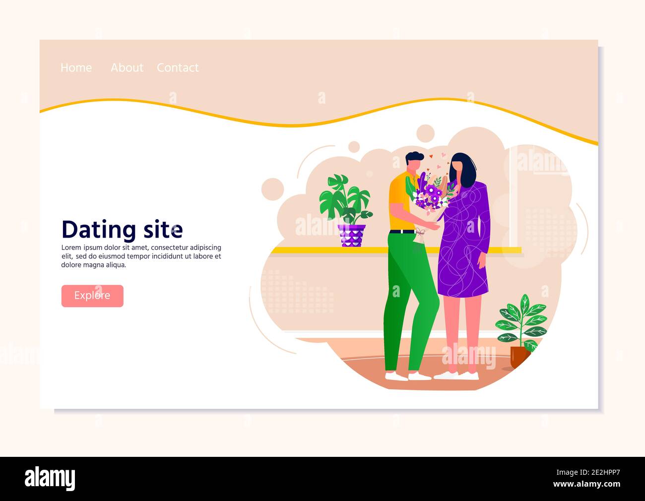 af Flad Kejserlig Landing page for dating site with men giving flowers to women , couple  spending time together. Happy people relaxing. Boy and girl talking .  Vector il Stock Vector Image & Art - Alamy