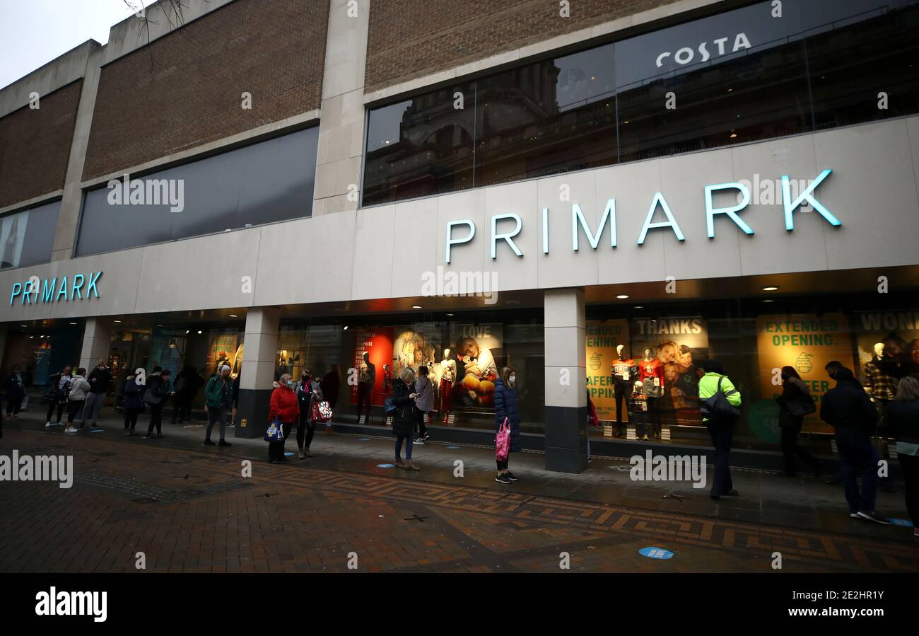 File photo dated 2/12/2020 of shoppers queue outside Primark in Nottingham city centre. Primark owner Associated British Foods has warned of a hit from lost retail sales of more than £1 billion if coronavirus lockdowns force its stores to stay closed until the end of February. Stock Photo