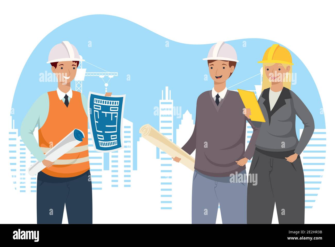 Architect and engineers people with plans at city design of