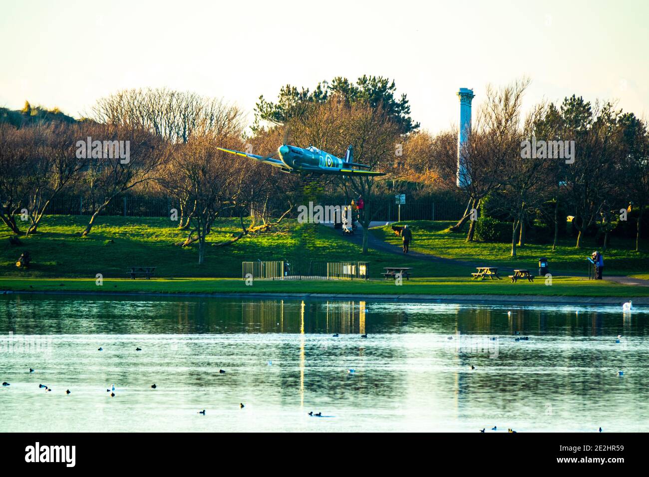 Full size model spitfire aircraft at Fairhaven lake Lytham St Annes Stock Photo