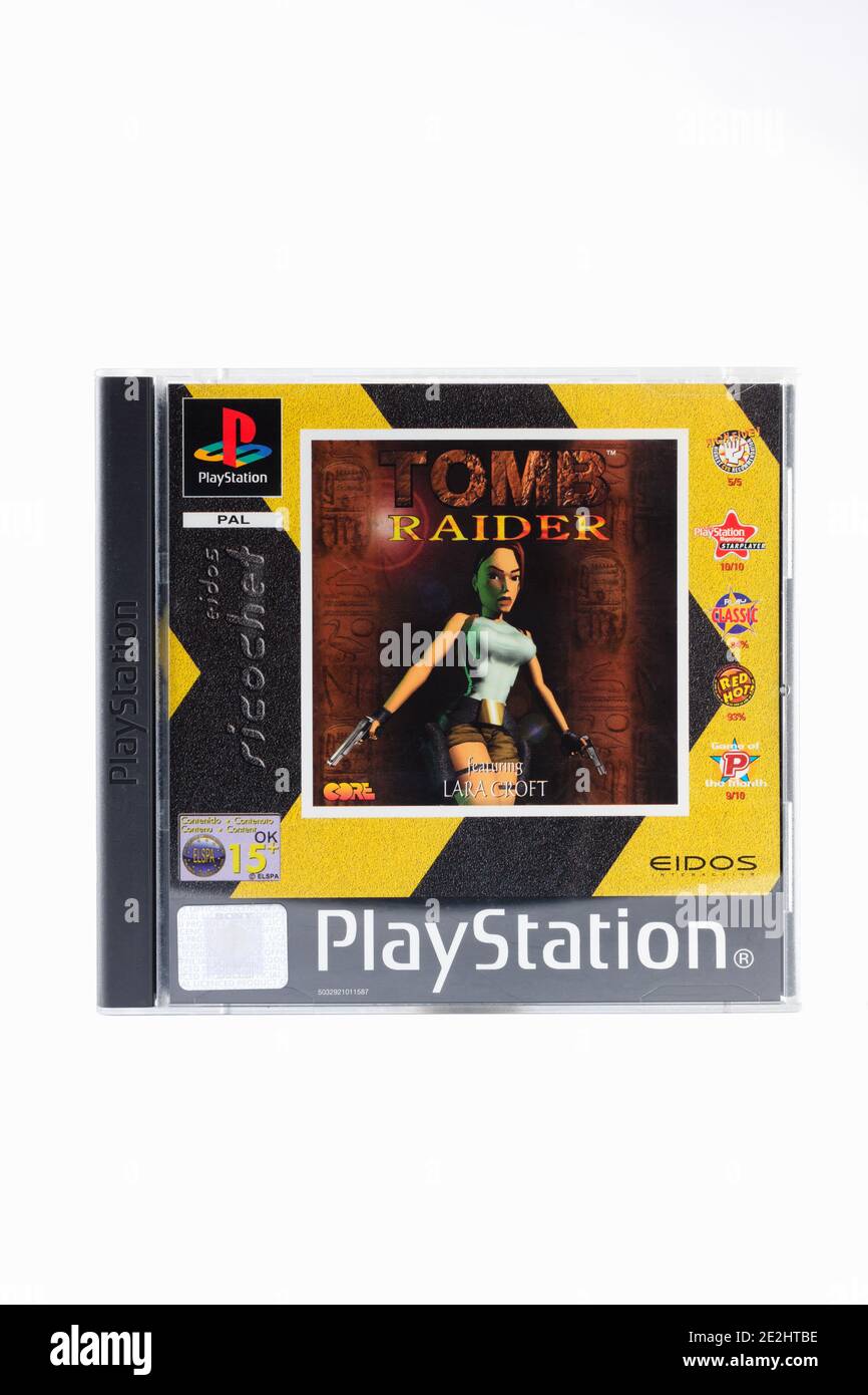 The original Tomb Raider Playstation One game from 1996 an action-adventure video game developed by Core Design and published by Eidos Interactive Stock Photo