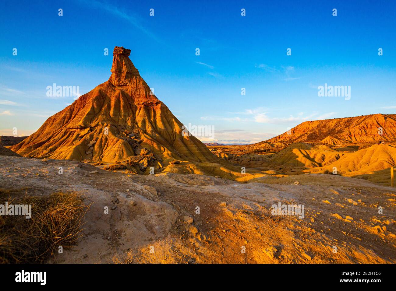 Spain: landscape, semi-desert natural region of the Bardenas Reales, Navarre. Castil de tierra, most famous landmark of Bardenas desert. Stock Photo