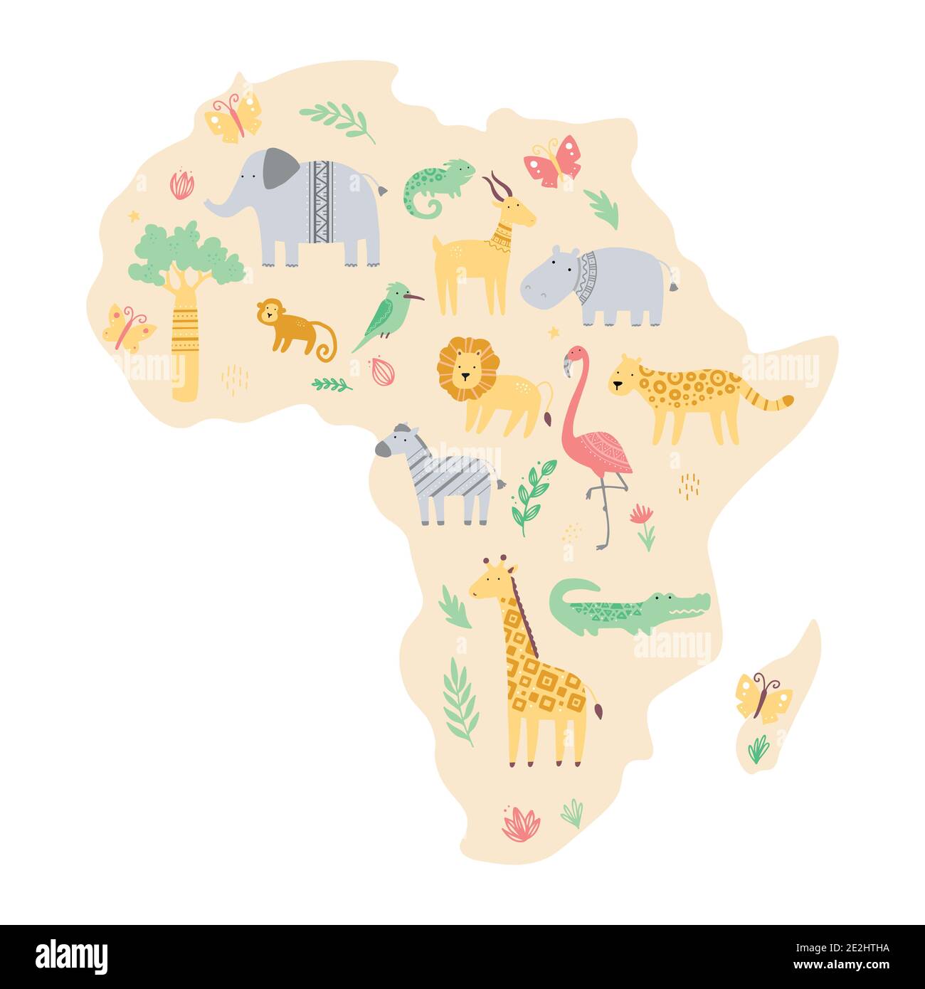 Africa map with cute african zoo animals giraffe, zebra, lion, bird, elephant, snake, lizard, cheetah, crocodile. Flat and simple design style for baby, children illustration. Stock Vector