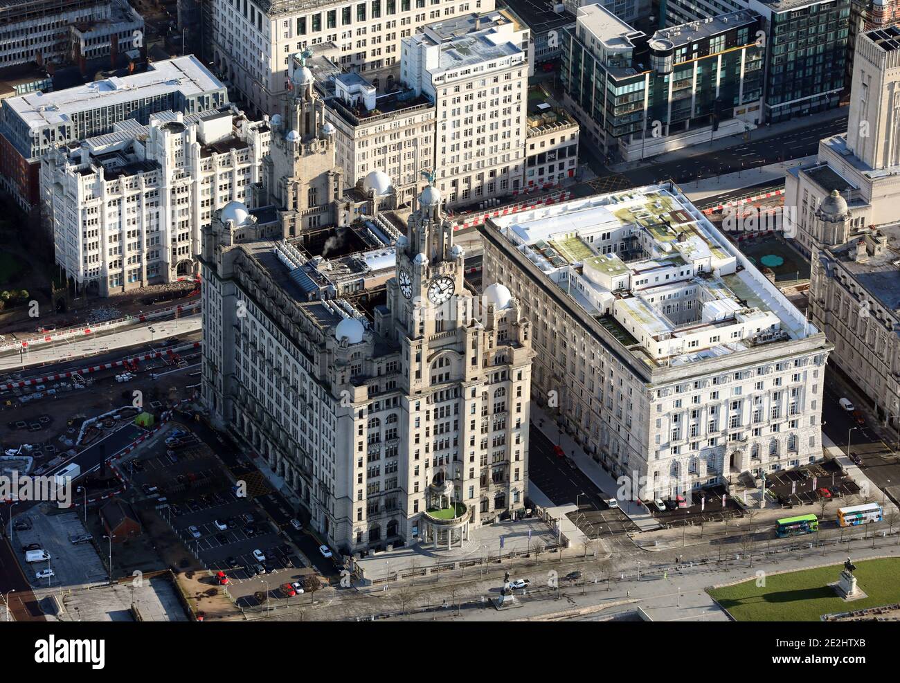 Aerial view of The Royal Liver Building, Liverpool. To the right of it is The Cunard Building. Stock Photo