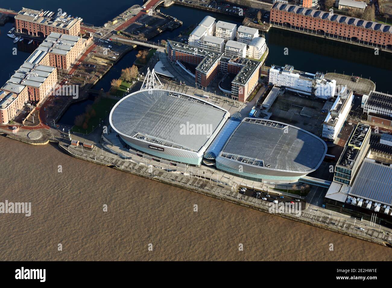 aerial view of the M&S Bank Arena and ACC Convention Centre, Liverpool Stock Photo