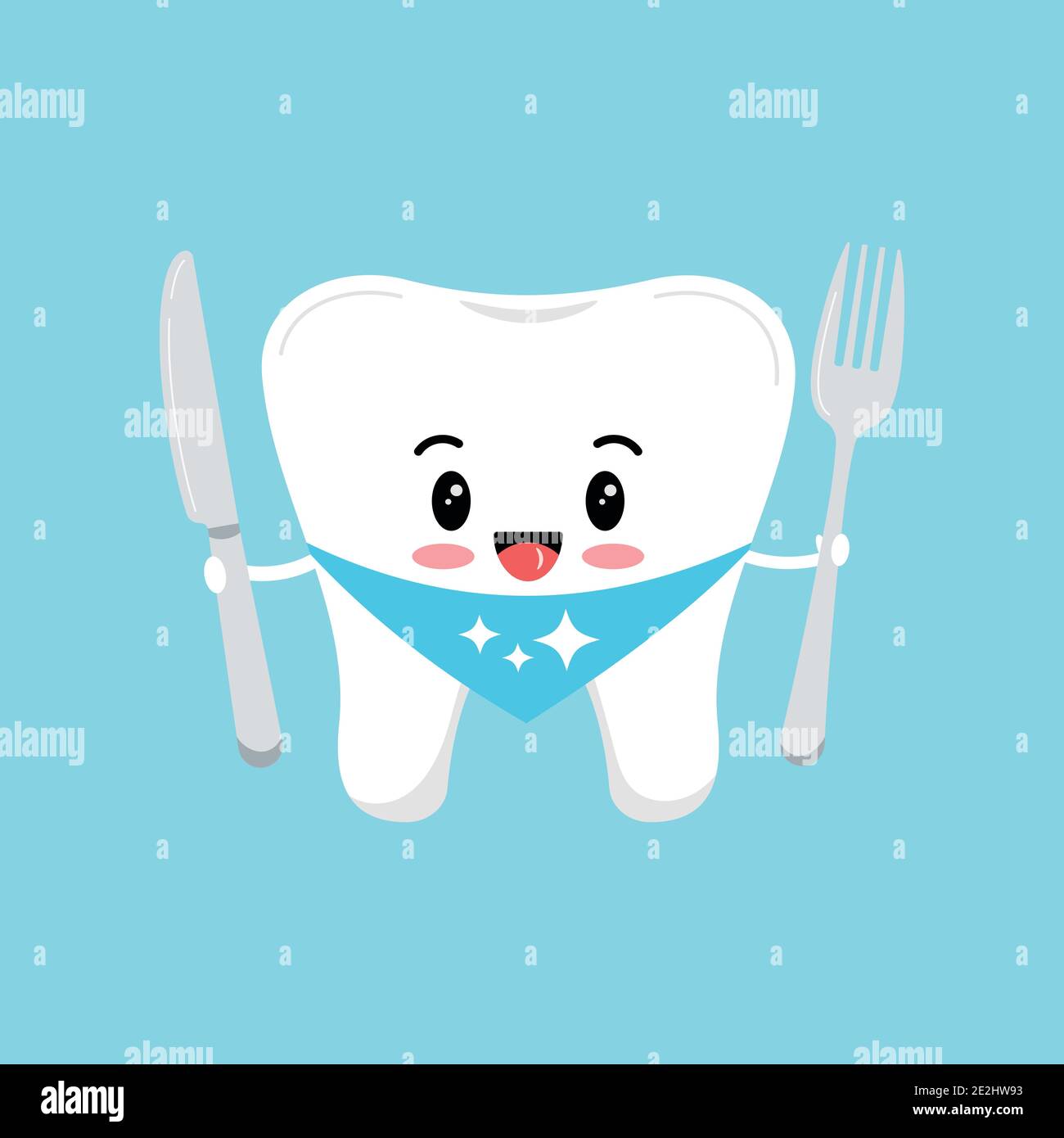 Cute tooth molar with fork and knife. Stock Vector