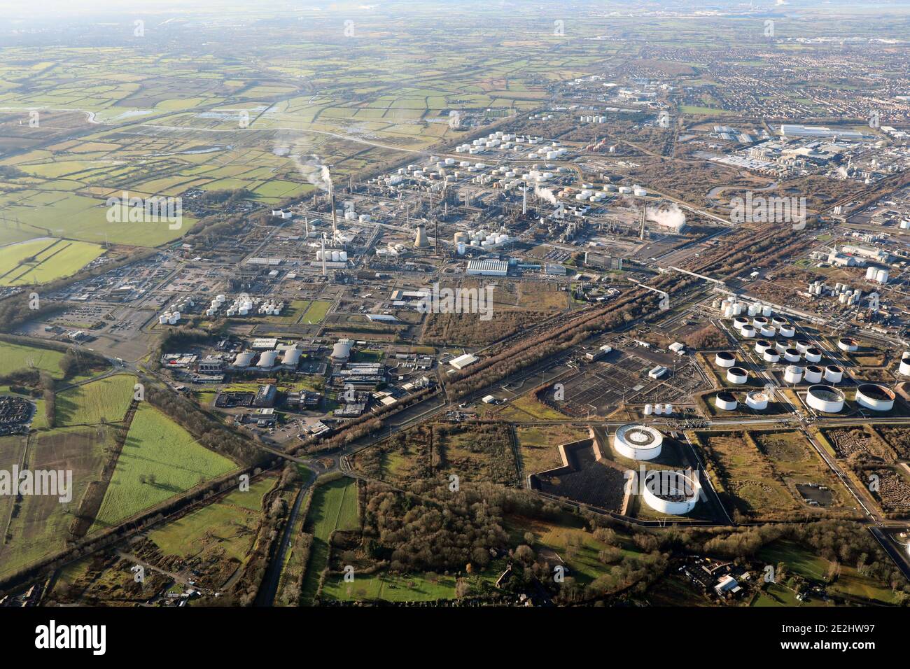 aerial view of Stanlow Oil Refinery (& also Thornton Technology Park), Ellesmere Port, Cheshire, UK Stock Photo