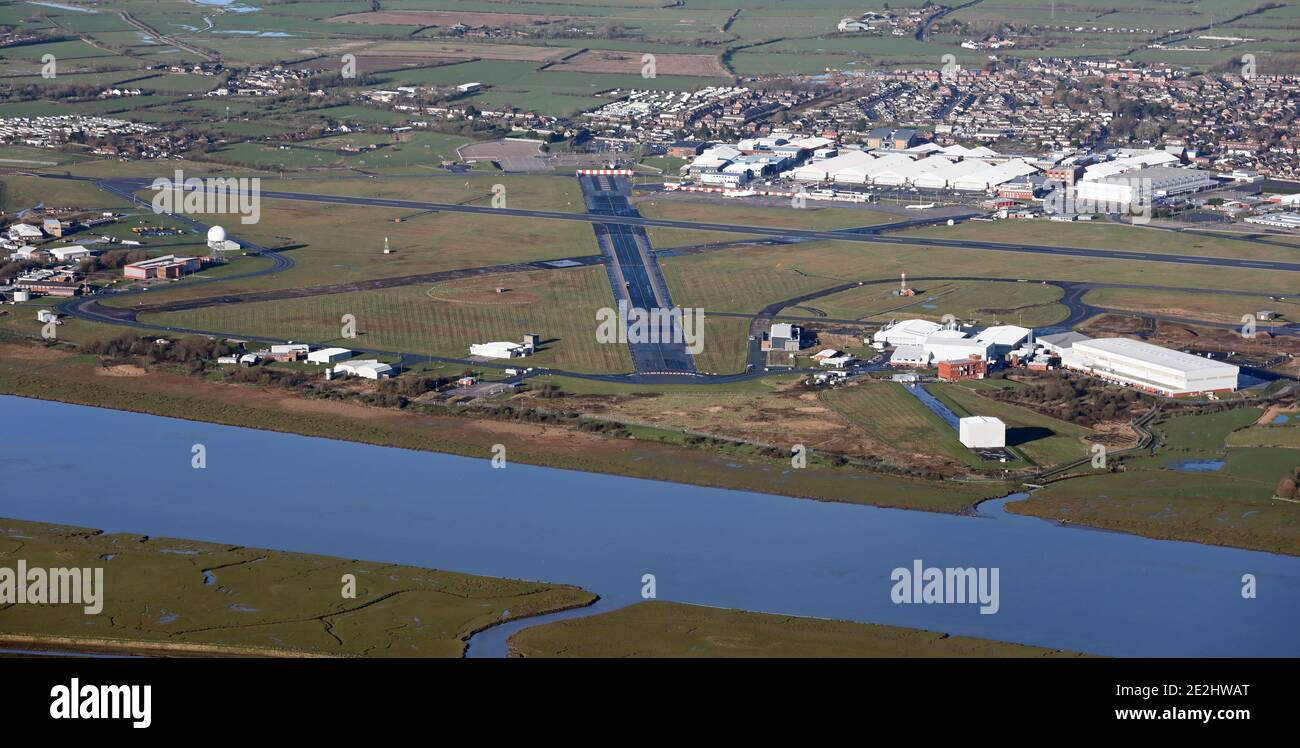 aerial view of Warton Aerodrome from across the River Ribble near Preston, Lancashire Stock Photo