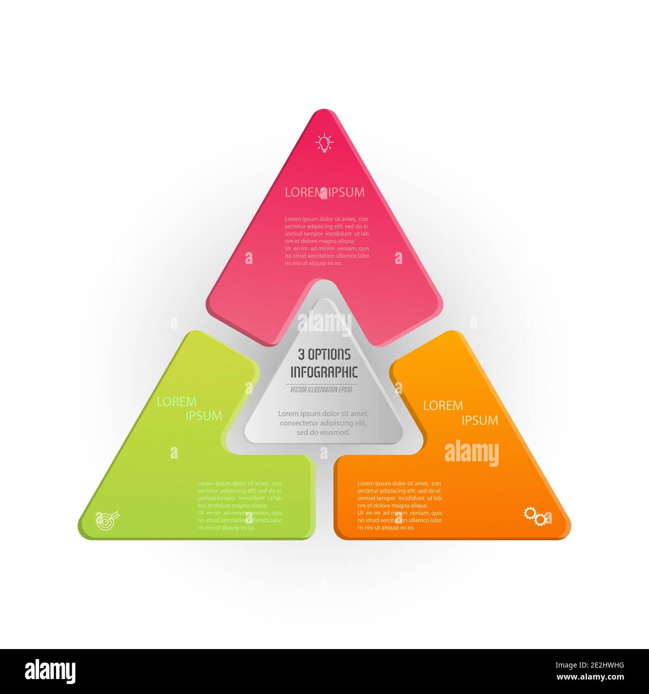 Triangle infographics. The triangle diagram is divided into 3 parts