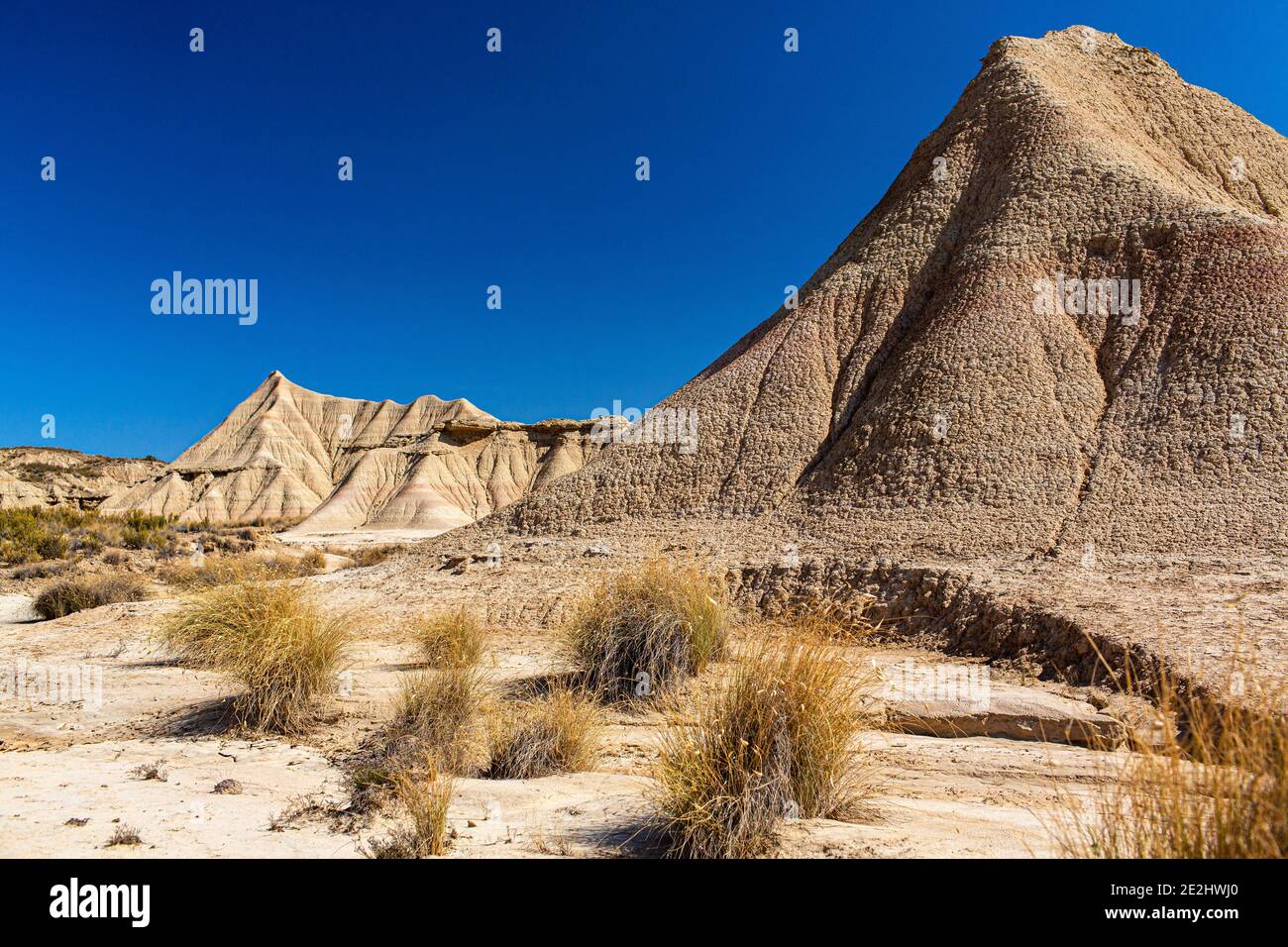 Spain: landscape, semi-desert natural region of the Bardenas Reales, Navarre. The landscape marked by erosion. Stock Photo