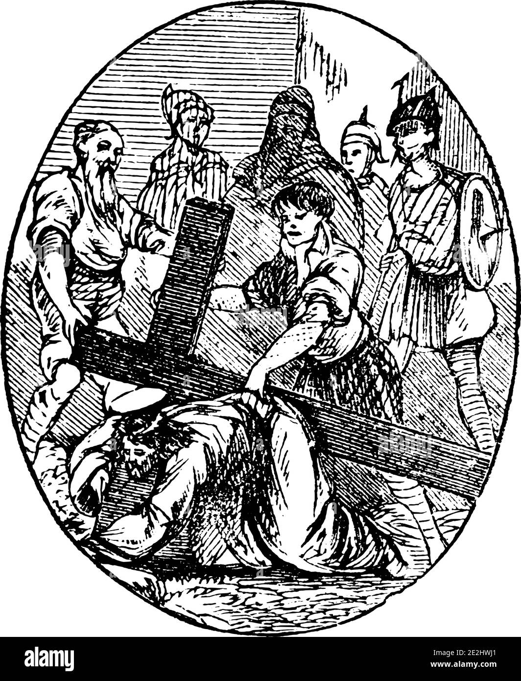 3th, 7th or third or seventh Station of the Cross or Way of the Cross or Via Crucis. Jesus falls for the first time.Bible,New Testament. Antique vintage biblical religious engraving or drawing. Stock Vector