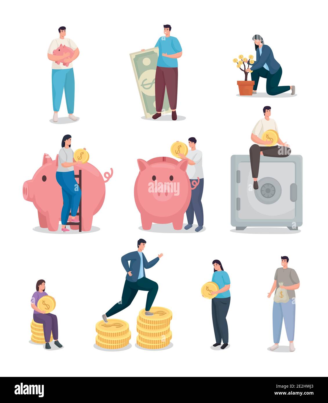 Save money and people with coins icon collection vector design Stock ...