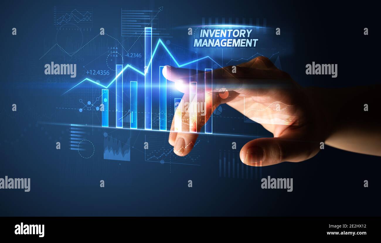 Hand touching INVENTORY MANAGEMENT button, business concept Stock Photo