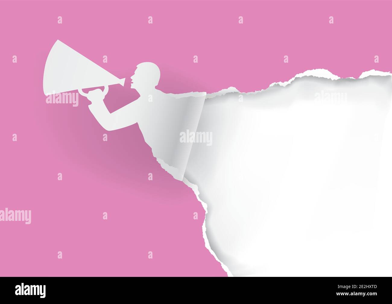 Declaration of love with a megaphone. Man with megaphone ripping pink paper background with place for your text or image. Template for Valentine day. Stock Vector