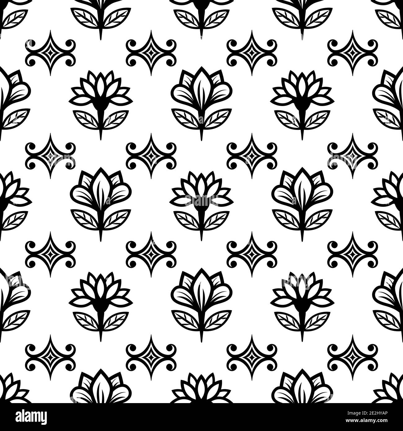 Floral line seamless pattern, black and white drawing, monochrome blooming, coloring sketch, background. Cute flower buds on stems with leaves. For fa Stock Vector