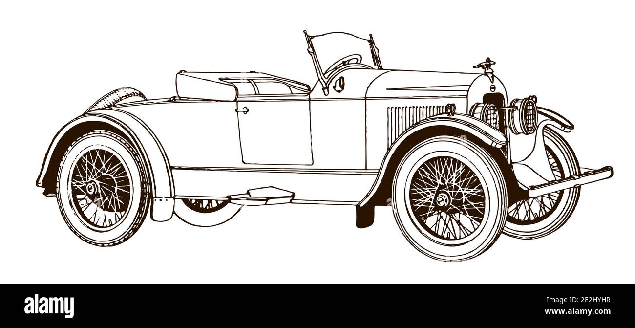 Vintage open two-seater roadster car, after an antique drawing from the early 20th century Stock Vector